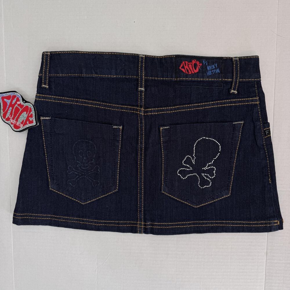 Y2K Micro Mini Skirt Womens 26 Denim Chick By Nicky Hilton Skull Rhinestone NEW